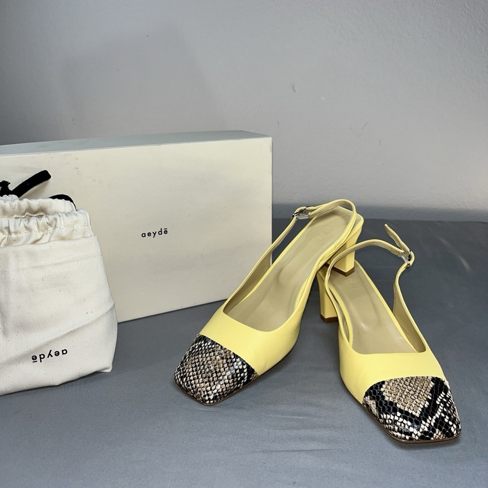 Aeyde Drew Nappa Leather Snake Cap Toe Slingback Heels Pale Yellow Size 38 /US 7